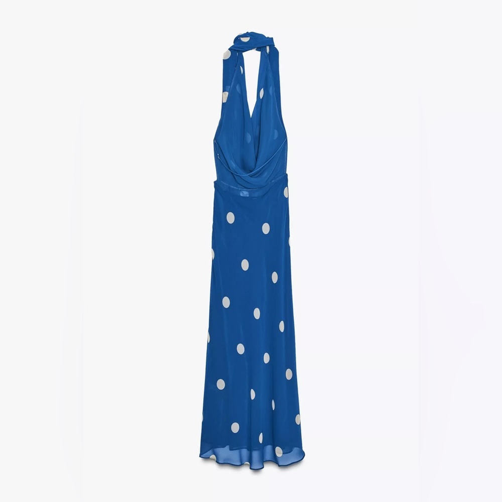 Zara Blue Polka Dot Halter Dress scarf open back maxi long evening party wedding - Picture 8 of 13
